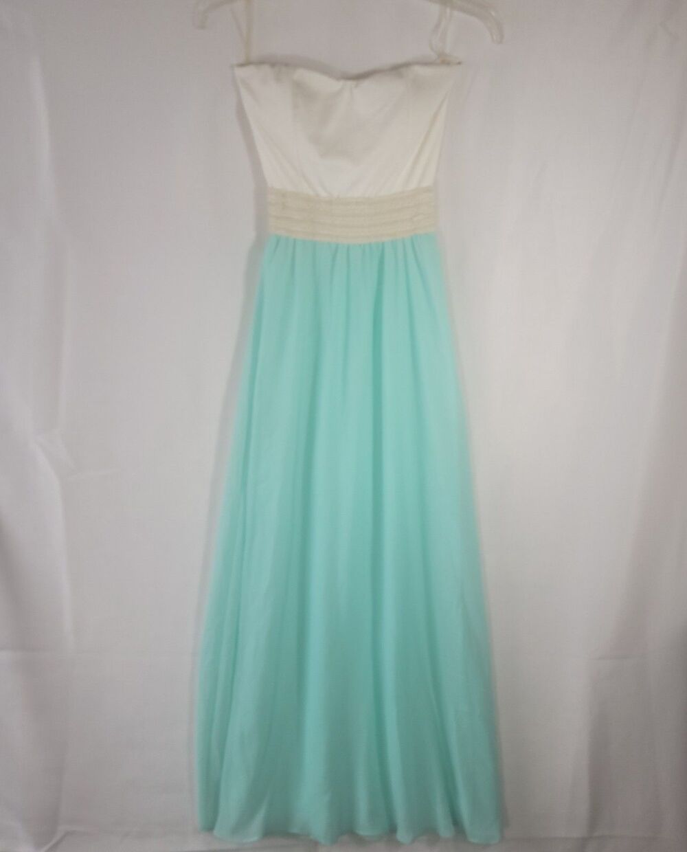 Wild Daisy Women's Strapless Maxi Dress Jr Small Mint Green White Crochet Waist